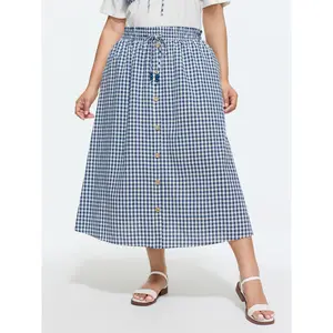 BLOOMCHIC Plus Size Cotton Checkered Print Shirred Drawstring Waist Maxi Skirt [M-6X]2026 Summer Vibes