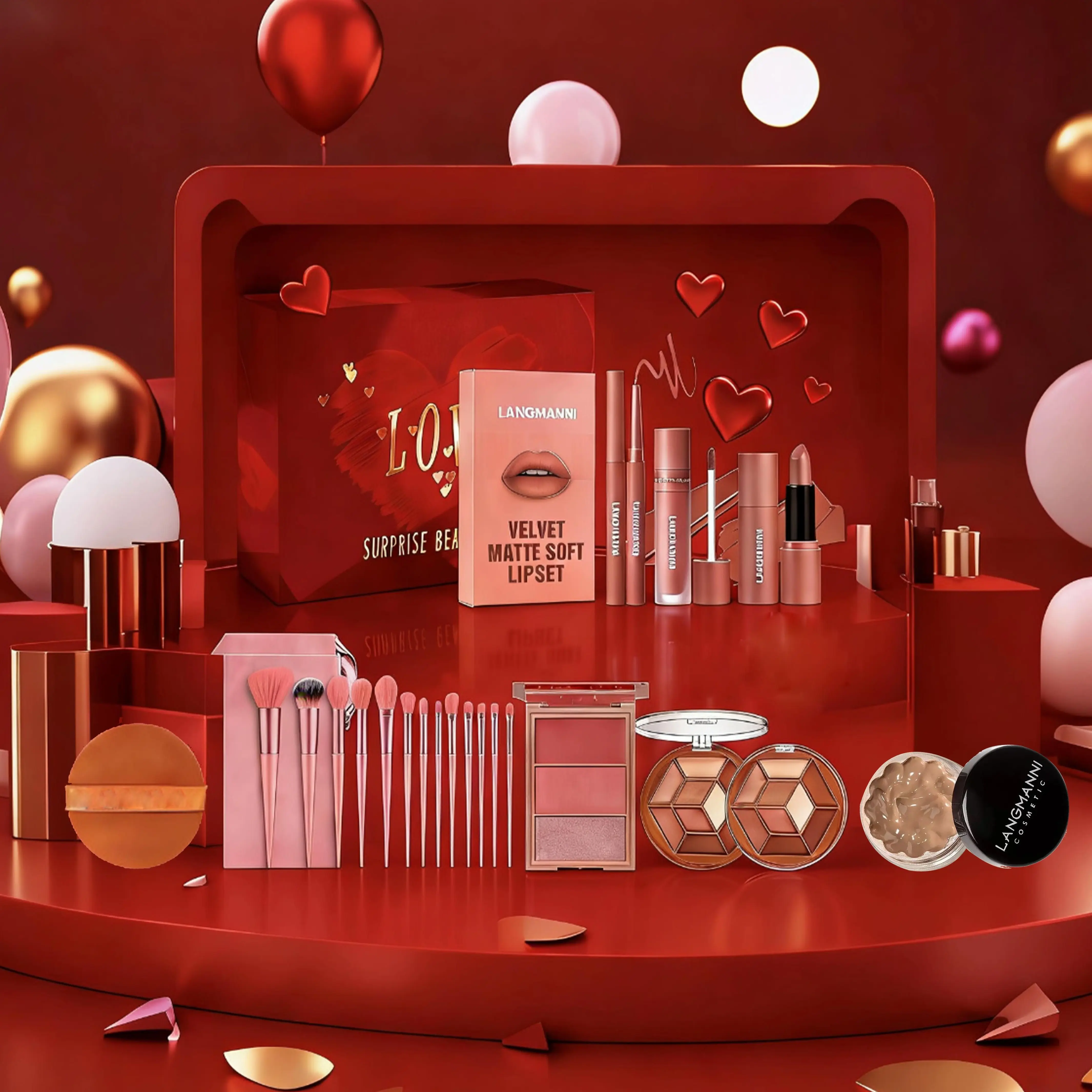 Love set Cosmetic combination, including  set of  brushes, three-color  plate, eyeshadow, concealer, lipstick, lip liner, lip glaze set, puff, wedding, gift  makeup kit Complete AirBrush Makeup Set with Primer essential bundle