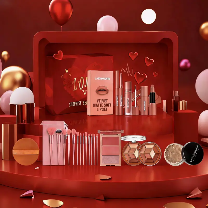 Love set Cosmetic combination, including  set of  brushes, three-color  plate, eyeshadow, concealer, lipstick, lip liner, lip glaze set, puff, Valentine's Day, wedding, gift  makeup kit Complete AirBrush Makeup Set with Primer essential bundle