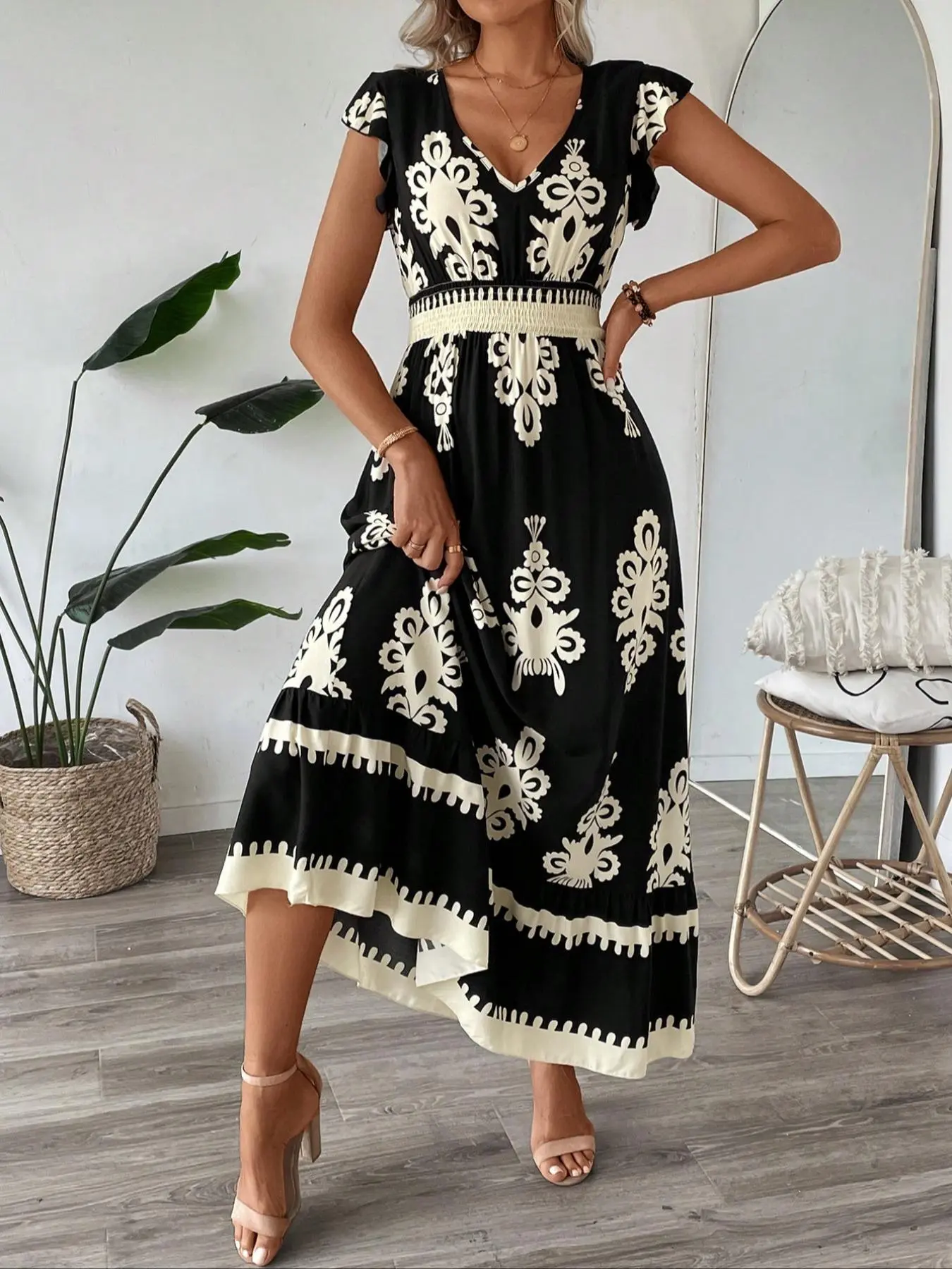 Women's Fitted V Neck Ruffle Hem A-Line Dress, Elegant All Over Print, Elastic Waist, Woven Fabric, Casual Vacation Wear - TikTok Shop Women's Fitted V Neck Ruffle Hem A-Line Dress, Elegant All Over Print, Elastic Waist, Woven Fabric, Casual Vacation Wear - TikTok Shop