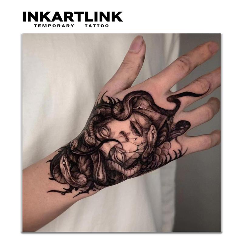INKARTLINK Tattoo Tech, 2 Sheets Extra Large Semi Permanent Tattoo, Adult Art Design Temporary Tattoos, Lasts 1-2 Weeks, Waterproof, Realistic Look, No Adhesive, No Reflection (Medusa)