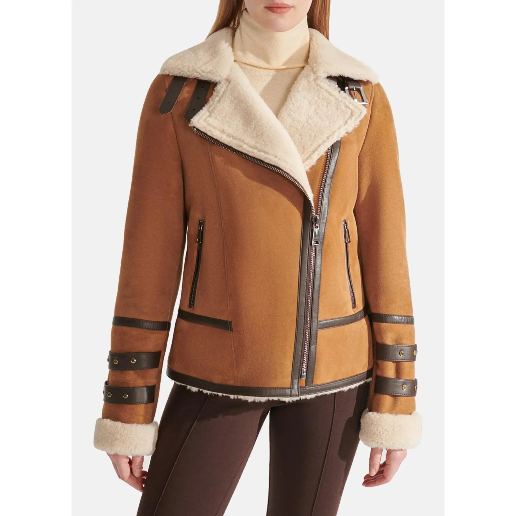 Womens Tan Suede Shearling Leather Jacket