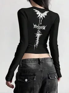 Women's Gothic Cross & Wing Graphic Crop Top - Long Sleeve Dark Academia Fitted Knit Tee Summer Knitwear