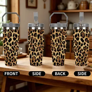 1pc 30oz Stainless Steel Vacuum Insulated Tumbler, Traveler Tumbler with Portable Handle, Brown Leopard Print Pattern, Leakproof Flip Straw Lid, Travel Coffee Mug for Work, Gym, Camping & Everyday Use