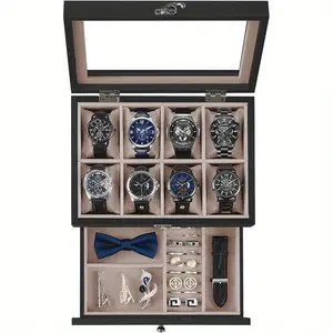 8 Slots Watch Box, 2 Layers Watch Display Cabinet with Large Glass Cover, Removable Watch Pillow, Velvet Lining, Jewelry Box, Gift Idea Father's Day Gift