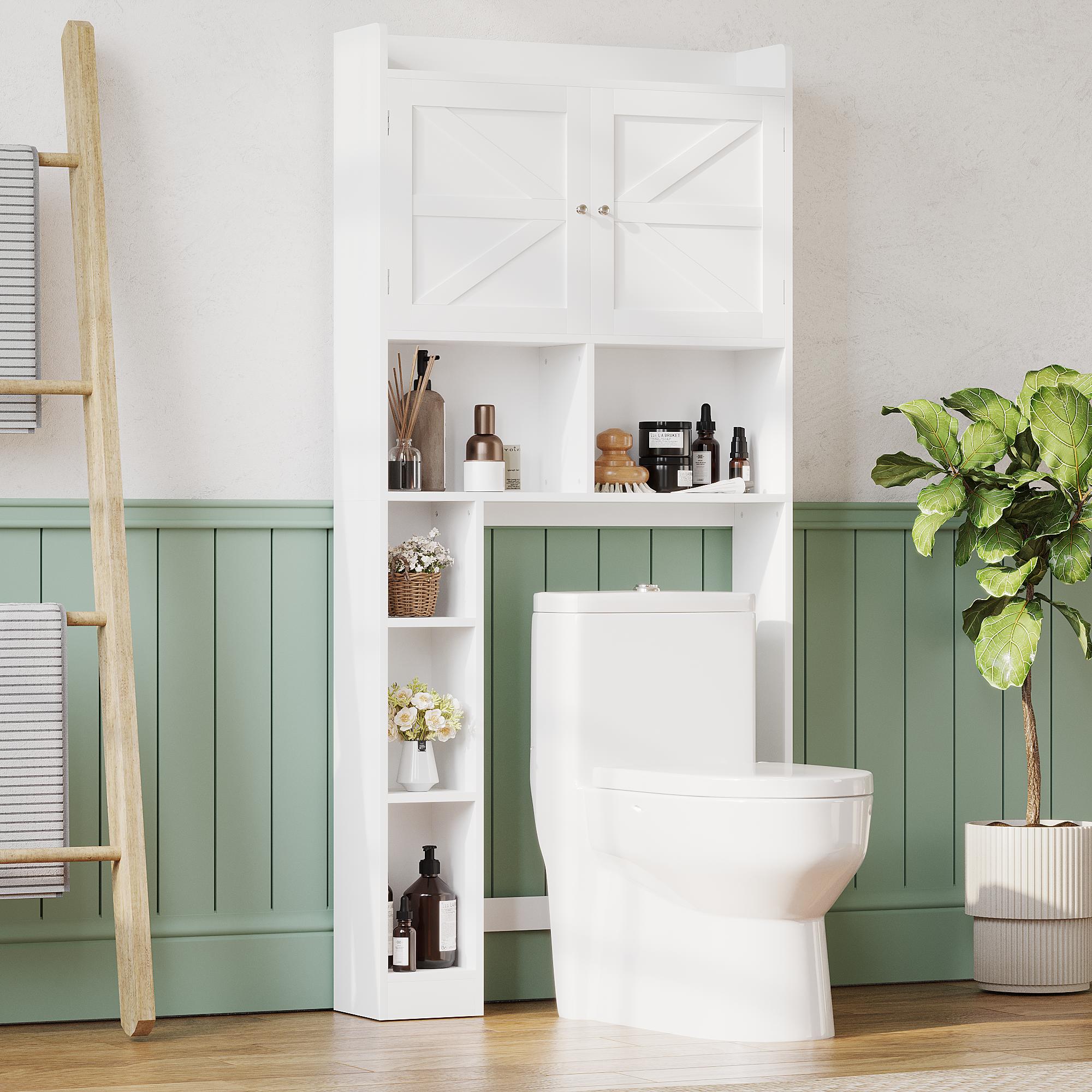 Over-The-Toilet Storage Cabinet with Adjustable Shelf, Bathroom Space Saver with Double Doors and Open Shelves, Freestanding Toilet Organizer Rack for Bathroom Storage – White