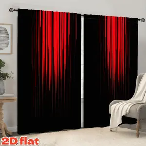 2D Flat 2Pcs Black Curtains with Red Vertical Lines, Modern Abstract Art Window Drapes, Semi-Sunshade Privacy Panel for Living Room, Bedroom, Balcony, Study, Home Decor, Christmas Gift Decoration, Anti-Privacy.