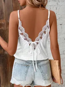 1 Piece Women's White Lace Trim V-Back Cami Top, Tie Back Design, Loose Fit for Romantic Evening Outfits