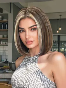 10 Inch Highlights Wig, Highlight Straight Wig, Natural Breathable Fashion Cute, Full Headset Hairpiece, Perfect for Music Festivals, All Seasons Wear