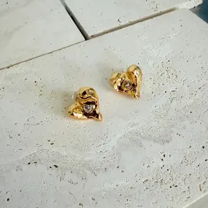 Gold Tone Heart Stud Earrings Chunky Molten Style with Rhinestone Center Organic Melted Texture Lightweight Comfortable for Valentine's Day Streetwear Vintage Outfits
