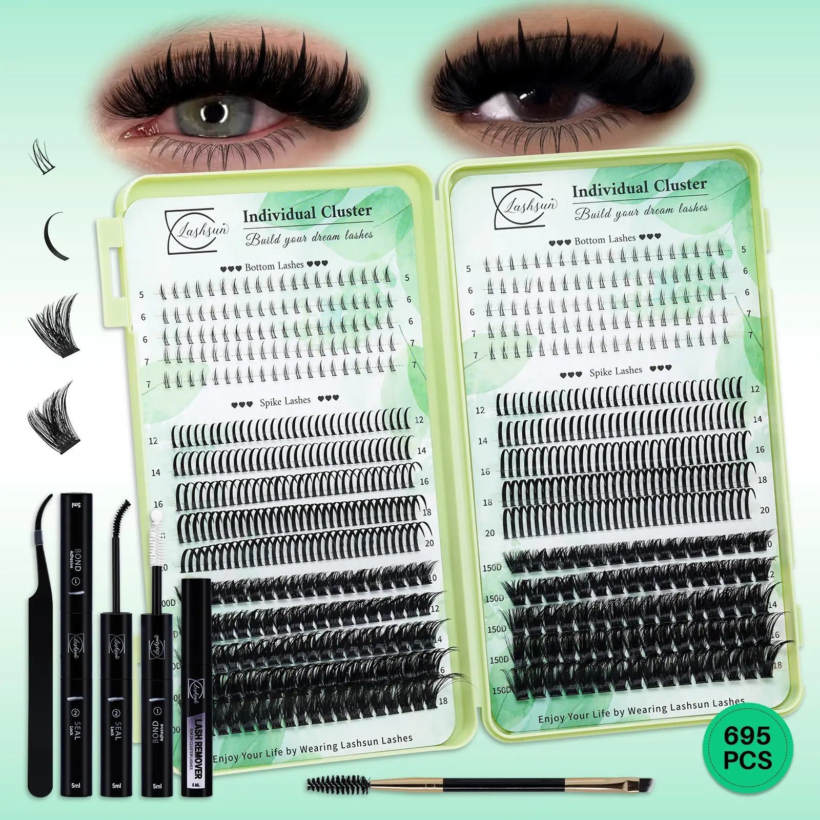 695 PCS Lash Clusters, Diy Cluster Lashes, Eyelash Clusters Extensions Kit D Curl Bottom/Spike/100D/150D 4 Styles 5-7mm/10-18mm/12-20mm with Bond&Seal Lash Remover Brush Lash Applicator, for Beginners &Proficient, DIY at Home, for Makeup Daily