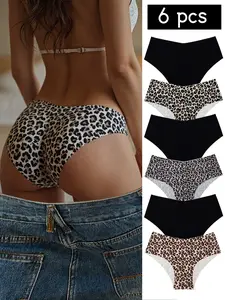 Women's Seamless Leopard Print Underwear Set, Breathable Soft Comfort Casual Fitted Lingerie, 6-Pack Daily Wear, Soft Fit Panty