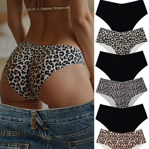 【Black Friday】Women's Seamless Leopard Print Underwear Set, Breathable Soft Fitted Panties, 6-Pack Soft Stretch Panties for Daily Wear with Comfortable Fit