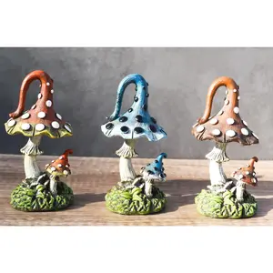 Colorful Fae Magical Toadstool Mushrooms With Baby Shroom Figurine Set Of 3