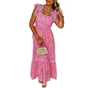 Women's Rose Floral Lace Tied Strap Empire Waist Maxi Dress - Elegant and Flattering