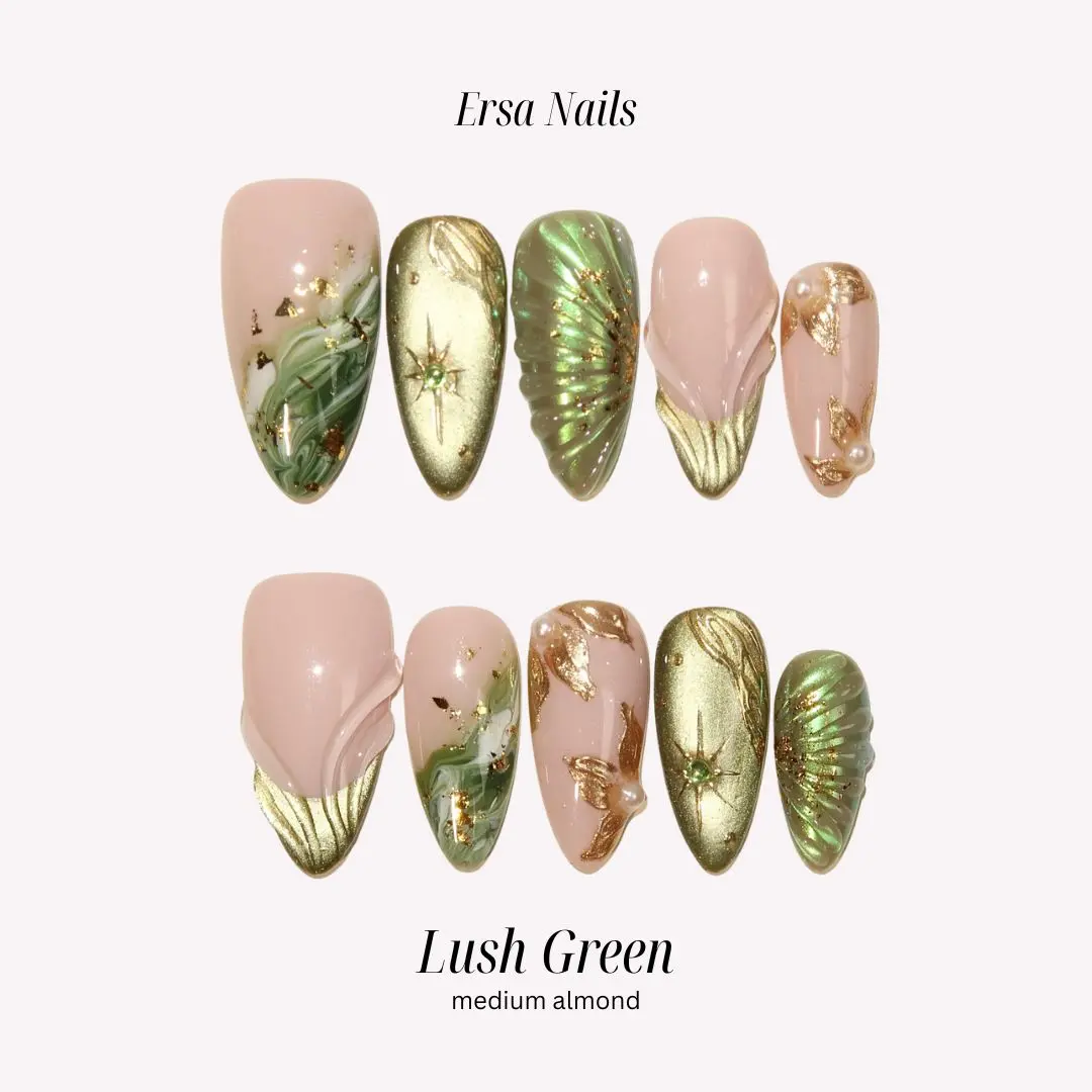 ErsaNails LUSH GREEN - Medium Almond 10 PCS Handmade Press On Nails | Cat Eye,  Mermaid & French Tip