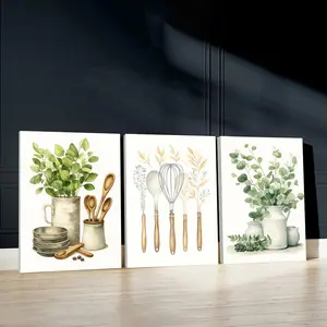3pcs Kitchen Tools Wall Art, Natural Aesthetics Poster, Elegant Designs Art Prints, Botanical Art Home Decor, Modern Wall Paintings, Cozy Canvas Posters Wall Arts, Decor for Living Room, Restaurant, Kitchen, Bedroom, Housewarming Gift, With Frame