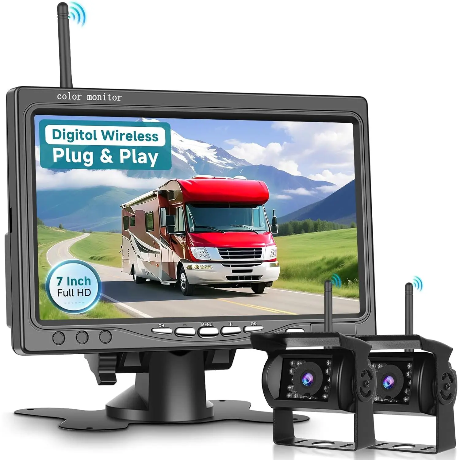RIMOODY Wireless Backup Camera Kit with Multi-Camera Video Surveillance - 7-Inch Full HD 1080P IPS Screen Monitor, 2 Reverse Units, DIY Parking Lines, Blind Spot Alert, Image Flip, IR Night Vision, Waterproof Rear View, Plug & Play, Father's Day Gift