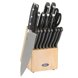 Oster Ginley 18 Piece High Carbon Stainless Steel Cutlery Kitchen Knife Block Set w/ABS Triple Riveted Forged Handle Wood Block - Black - Cuchillos Para Cocina