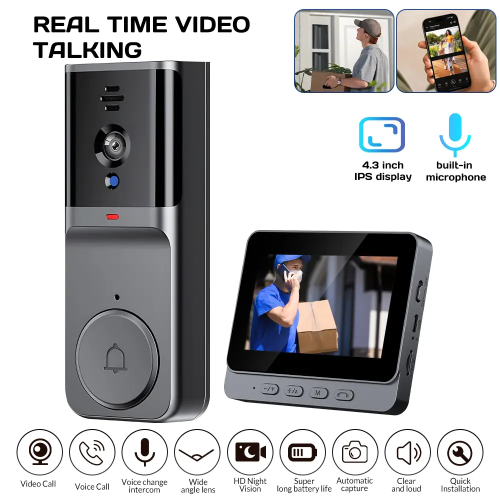 I5 Video Doorbell Camera Wireless Intercom No Wi-Fi Needed Long Range Night Vision