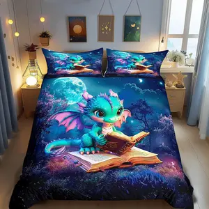 Cartoon Dragon Duvet Cover Set,Magic Jungle Night Bedding Set for Kids Teens Room Decor Cute Dragon Books Comforter Cover Starry Moon Sky Quilt Cover,(No Comforter)