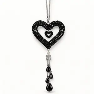 Crystal Heart  Charm  Rhinestone Hollow Pendant with Teardrop Tassel Rearview Mirror Decor for Women decoration pink car accessory Car Stuff for Women