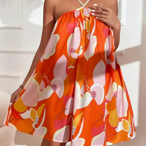 Women's All Over Floral Print Cami Dress, Boho Sleeveless Short Dress for Beach Holiday Vacation, Ladies Summer Clothes, Boho Beach Sundress