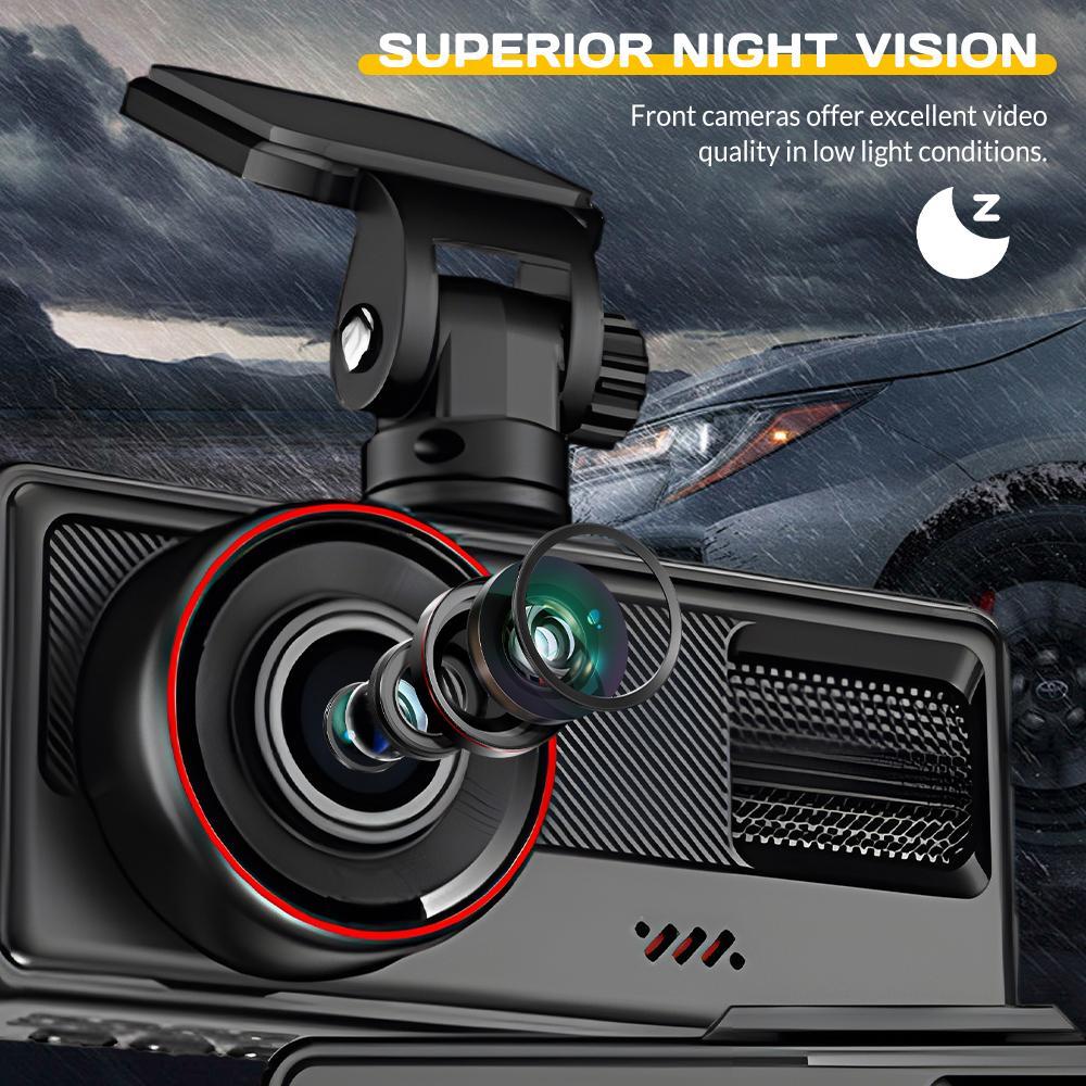 3 Channel Dash Cam with WiFi & App Control – 1080P+720P, 170° Wide Angle, 24H Parking Monitoring, Loop Recording, Motion Detection, Night Vision
