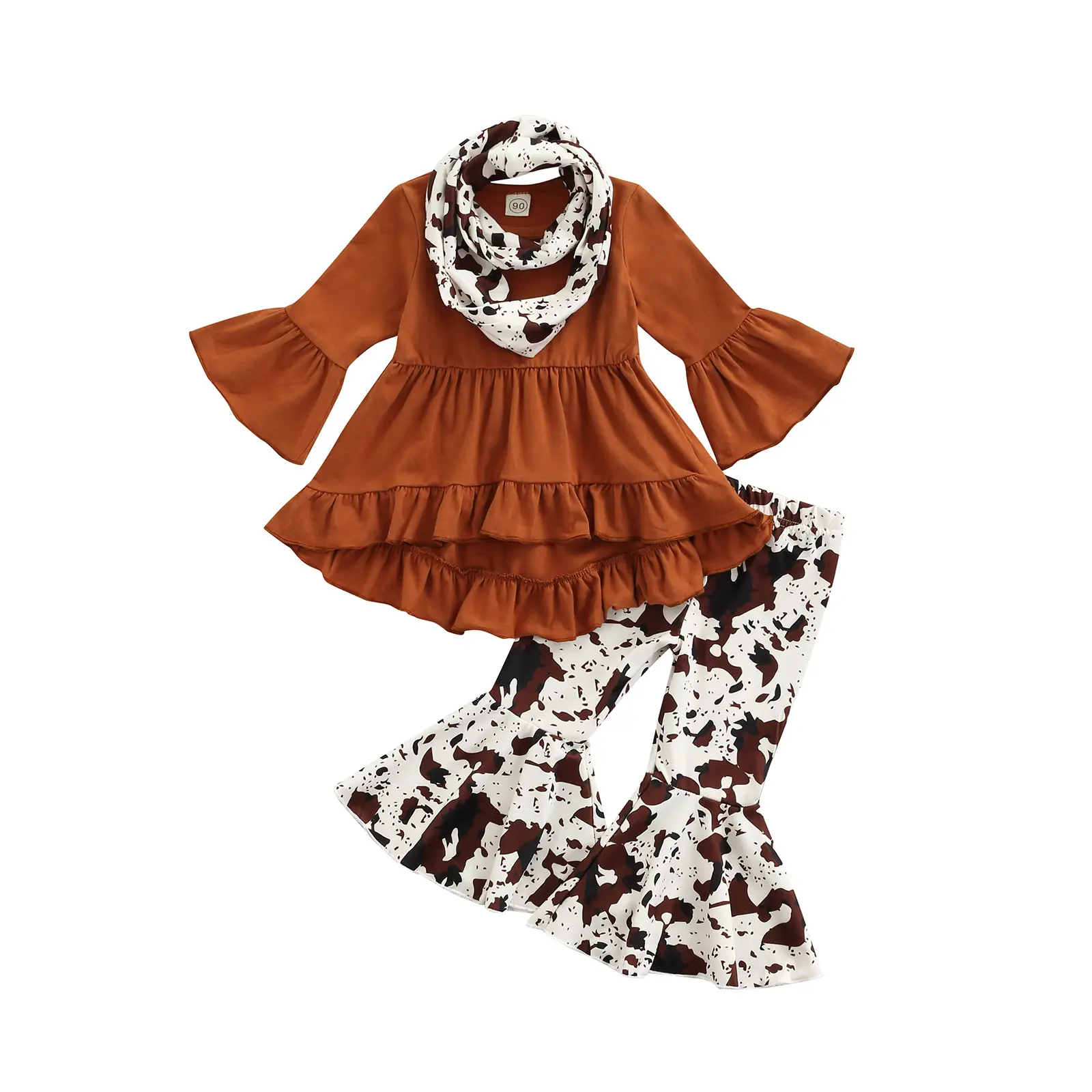 Kid Girl 3-Piece Suit, Long Ruffle Sleeve A-Lined Tops Wide-Leg Dye Printed Casual Trousers + Scarf