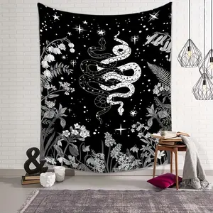 Vibrant Black and White Snake Flower Printed Tapestry - Unique Wall Hanging for Living Room, Bedroom, Dorm Room Decor - Adds Bohemian Chic Touch to Interior Home Goods Decoration Items Design Art