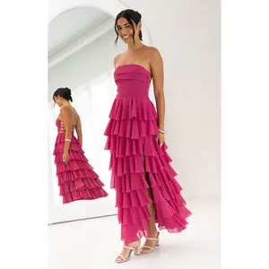Kim Fuchsia Strapless Ruffle Maxi Dress