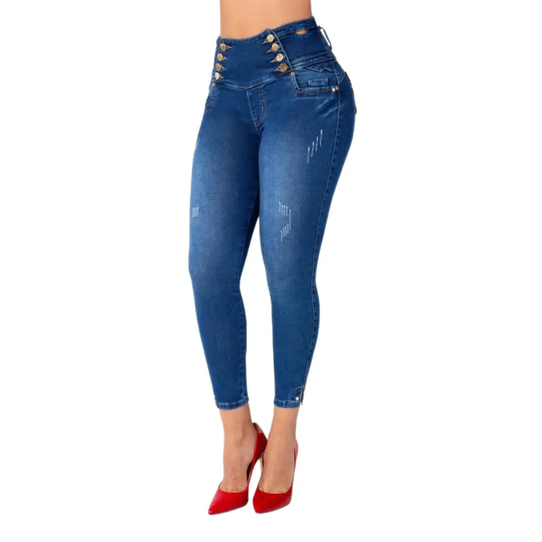 Women's High-Waist Push-Up Slim-Fit Stretch Denim Ankle-Length Jeans - Stretchy Comfortable Fabric, Button-Closure, Butt-Lifting, Lightweight, Heart Stitching Pocket, Ref. TK491 Lady Bottoms