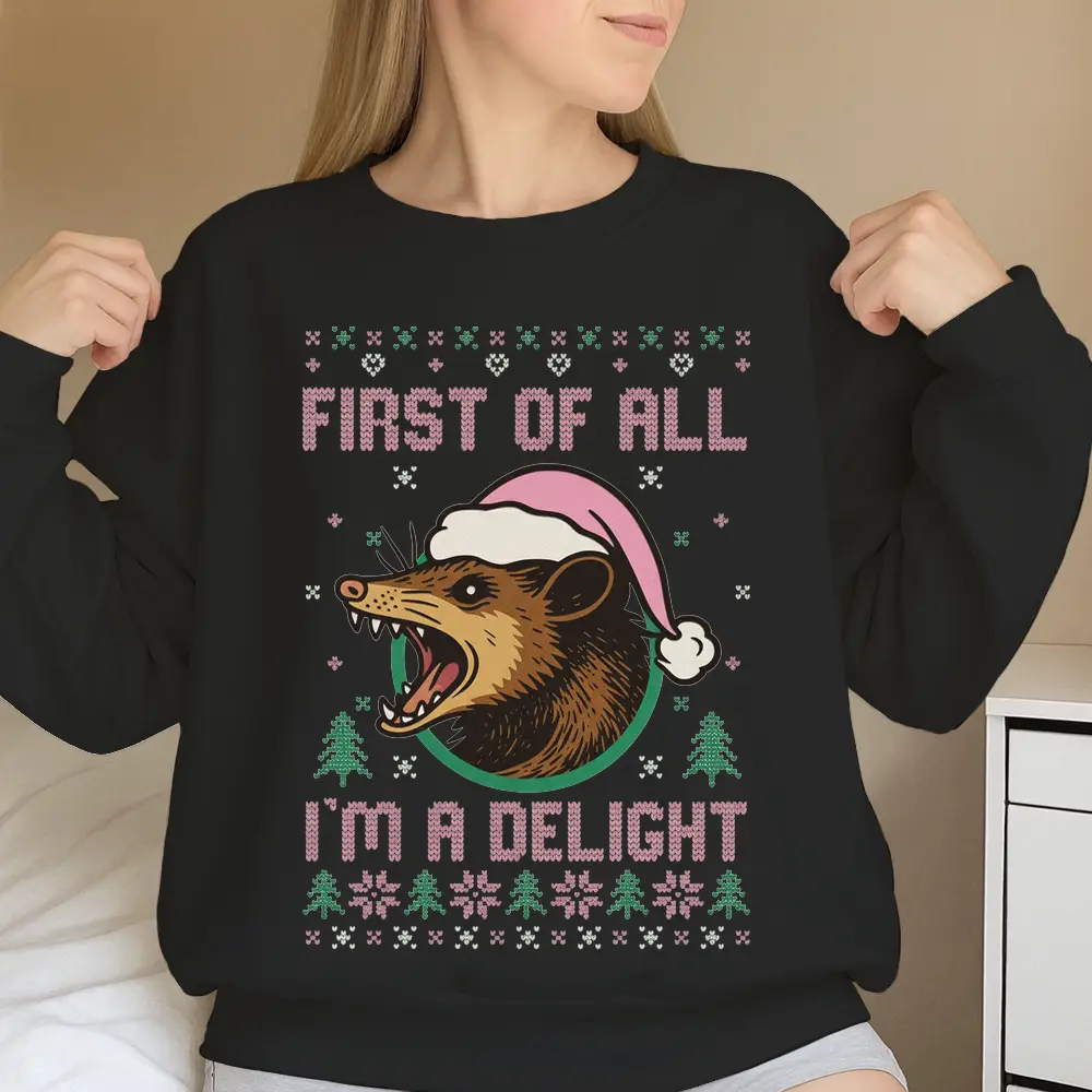 Cute funny possum Christmas sweater, festive ugly sweater style crewneck, cozy winter holiday aesthetic top