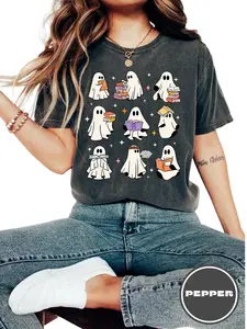 Comfort Colors Ghost Reading Books T-Shirt, Bookish Halloween Shirt, Teacher Librarian Halloween Gift, Halloween Book Lover, Halloween Back To School