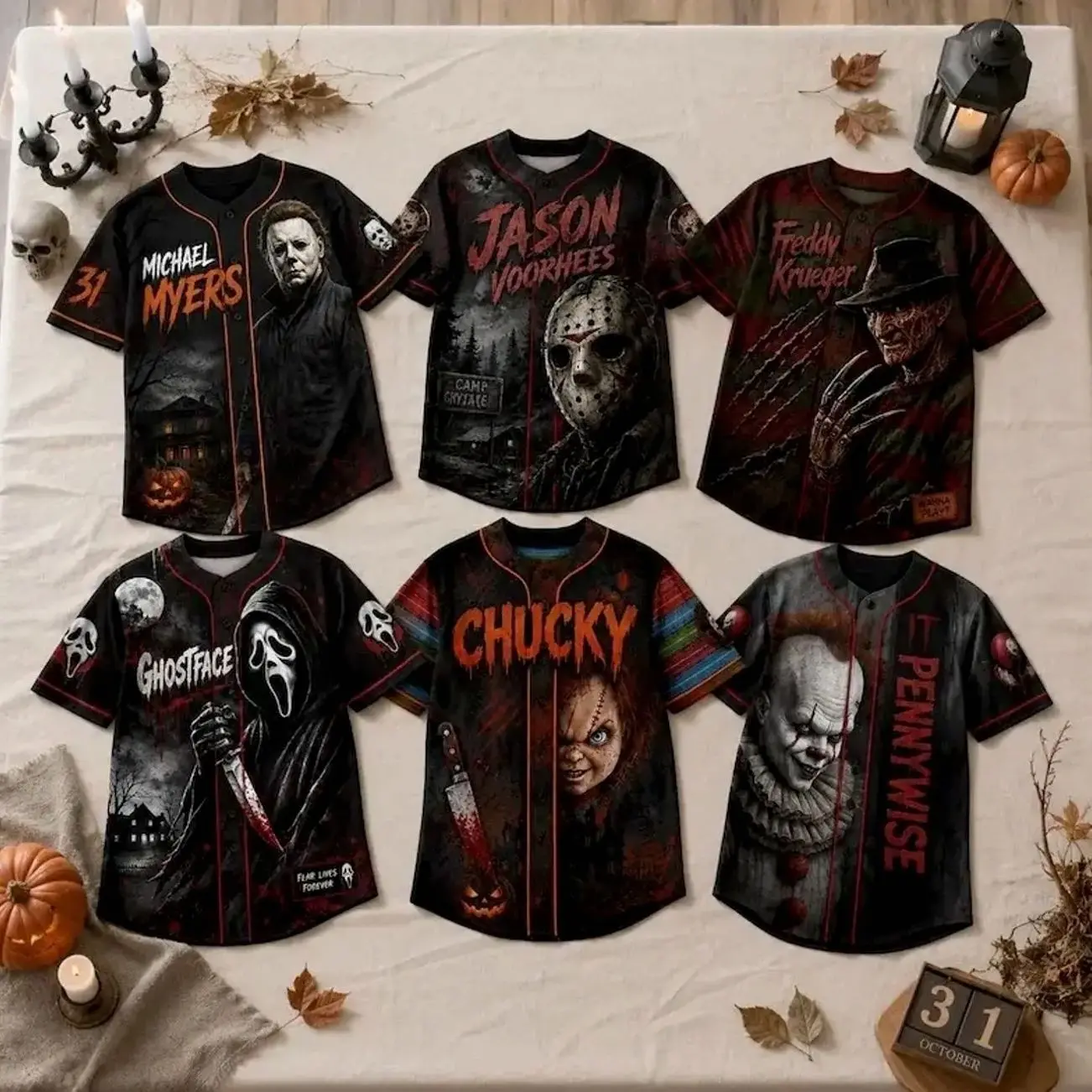 Horror Slasher Baseball Jersey, Classic Horror Movie Characters Shirt, Spooky Squad Halloween Uniform, Halloween party costumes, Halloween Gifts