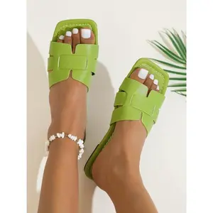 Women's Fashionable Hollow Out Design Square Toe Slides, Casual Comfortable Flat Sandals for Beach, Lightweight Breathable Slippers for Daily Wear