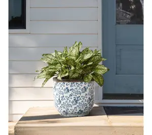 LuxenHome Blue Floral Ceramic Planter, 12.2" Round Pot