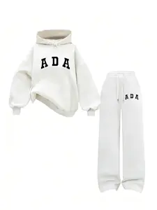 Tween Girls' Ada Letter Print Hoodie & Simple Straight Pants Set, Comfortable Loose Fit for Casual Street Style in Fall & Winter