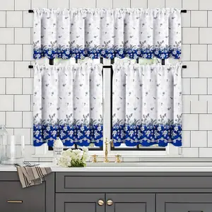 SoftHaven Home 3-Piece USA-Made 3D Digital Print Semi-Sheer Kitchen Curtains, Art Blue Small Floral Rural Style, Polyester Rod Pocket, Removable Machine-Washable, Ideal for Rental Homes & Small Kitchen Windows