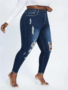 PlusSize Women's High Elasticity High-Waisted Ripped Distressed Denim Skinny Jeans, Slim Fit Denim Jeans Streetwear for All Seasons, Comfortable Full-Day Wear Pants Womenswear
