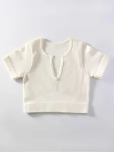 Women's Solid Notched Neck Ribbed Crop Sports Tee, Casual Comfortable Breathable Short Sleeve T-shirt for Yoga Gym Workout, Ladies Sportswear for All Seasons