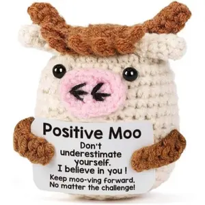 Mini Positive Crochet Cow Handmade Emotional Support Plush Toy - Kawaii Stress Relief Cow for Women Men & Friends Perfect Gift for Birthday Graduation Mother’s Day Valentines Day Gifts