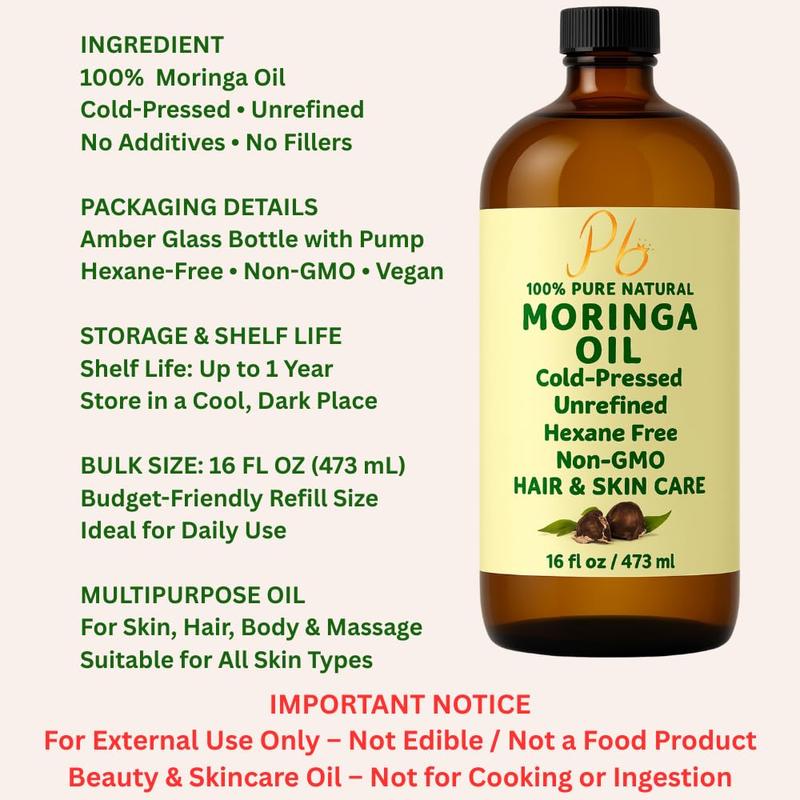 Pomberries Moringa Seed Oil 16 fl oz | 100% Pure, Cold-Pressed, Unrefined | Face, Hair, Skin & Body | Amber Glass Pump Bottle