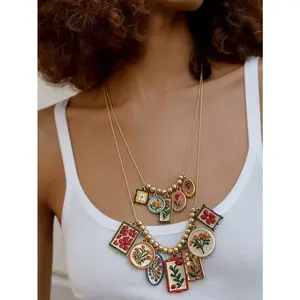 Women's Retro Chic Double-Layer Alloy Printed Multi-Charm Stackable Pendant Necklace, Casual Vacation Sports & Outdoor Protective Gear Accessories for Women