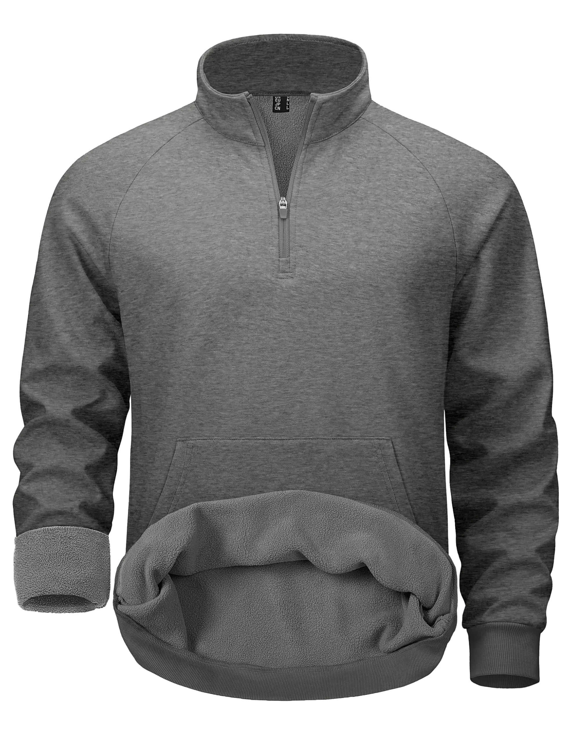 Men's Long Sleeve Quarter-Zip Warm Fleece Pullover Sweatshirt - Polyester Menswear with Kangaroo Pocket for Casual Outdoor Activities, Soft Comfortable Active Workwear, Jeans, Plain