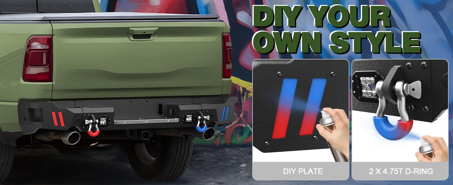 Ram 1500 Rear Back Bumper with Lights for 2019-2025 Dodge , 2019 2020 2021 2022 2023 2024 2025 Dodge Ram 1500(Exclude Classic) Truck Steel Rear Bumper w/LED Lights, D-rings