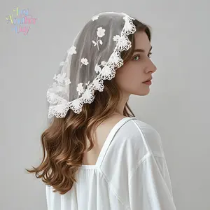 White Lace Headscarf Chapel Veil, Single Layer Floral Embroidered Circular Head Cover, Bridal Headpiece for Church & Wedding