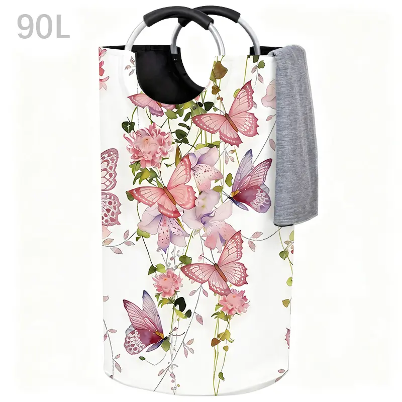 90L Pink Butterfly Floral Print Laundry Hamper with Aluminum Handles, Large Clothes Storage Basket, Birthday & Holiday Gift