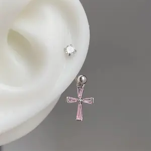 1PCS Pink Zircon Cross 316L Stainless Steel Annular Ear Bone Nail New Fashion U-shaped Earrings for Women Y2K Punk Jewelry
