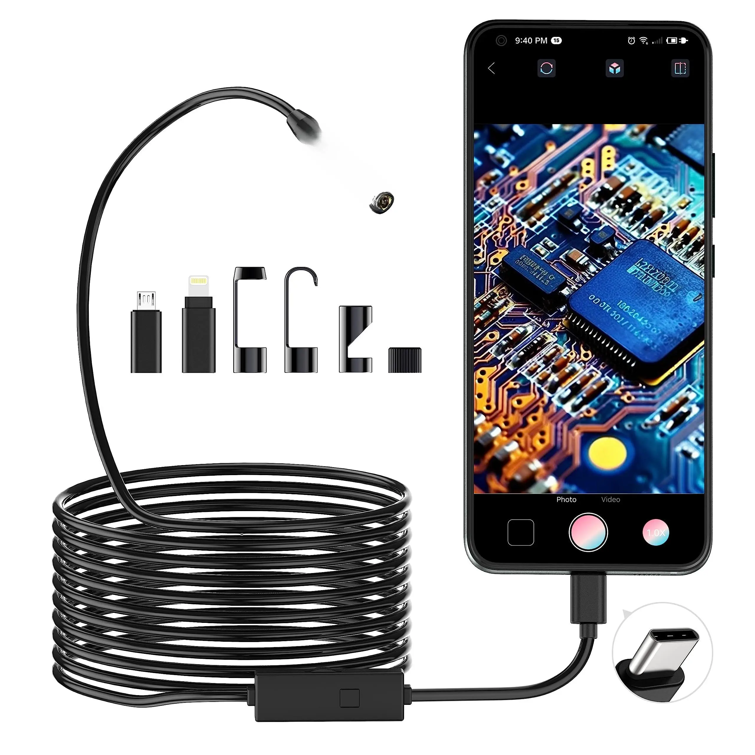 1920p Snake Inspection Borescope  Type C Endoscope Scope Camera With 8 Led Lights For Android And Ios Smartphone Ipad (16.5 Ft/5m)